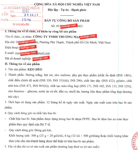 Bản tự công bố sản phẩm thực phẩm
