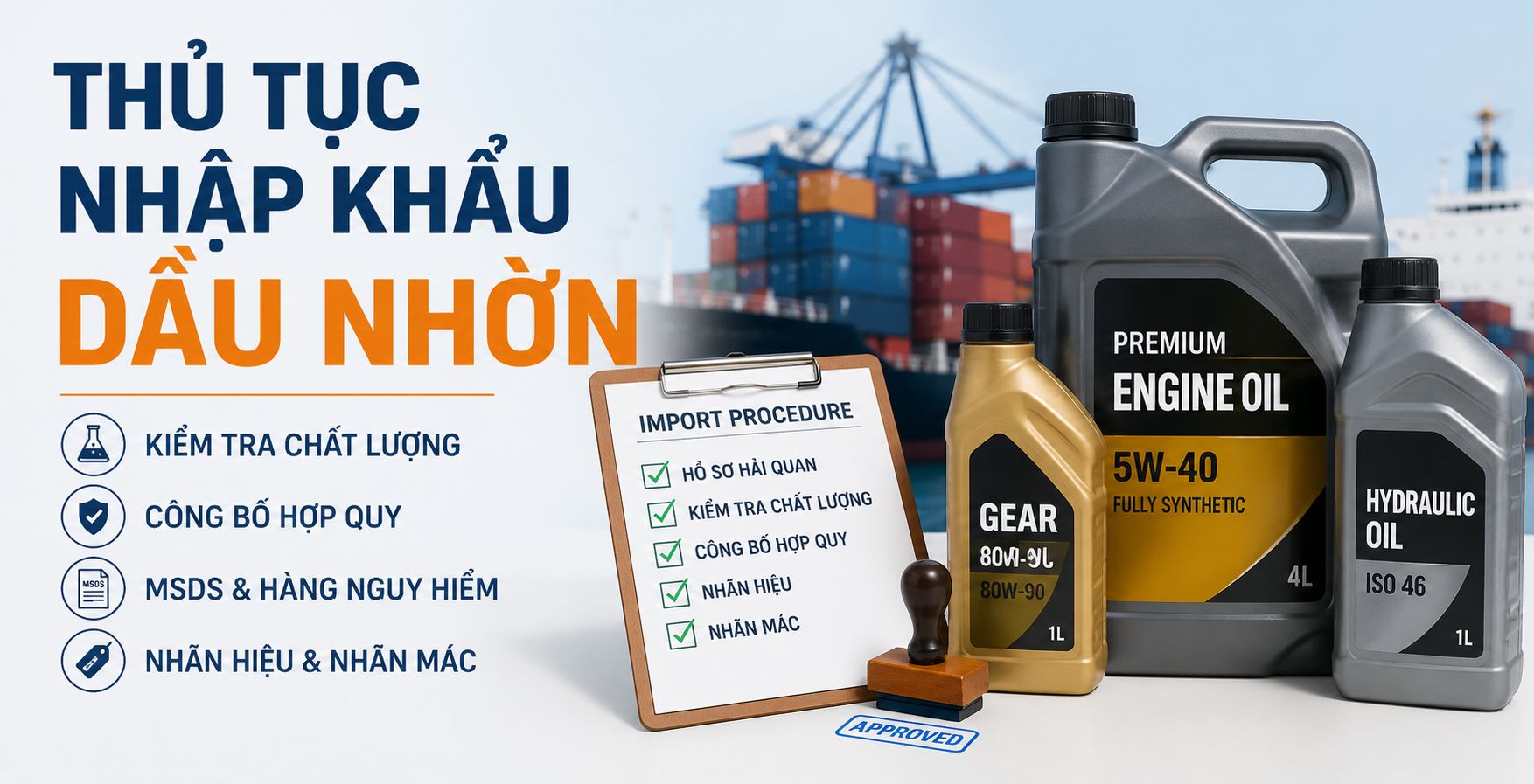 Thủ tục nhập khẩu dầu nhờn: kiểm tra chất lượng, hợp quy và lưu ý MSDS